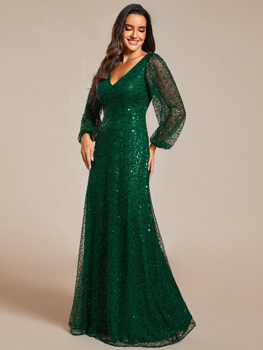 V-Neck Lantern Long Sleeve Sequin A-Line Evening Dress #color_Dark Green