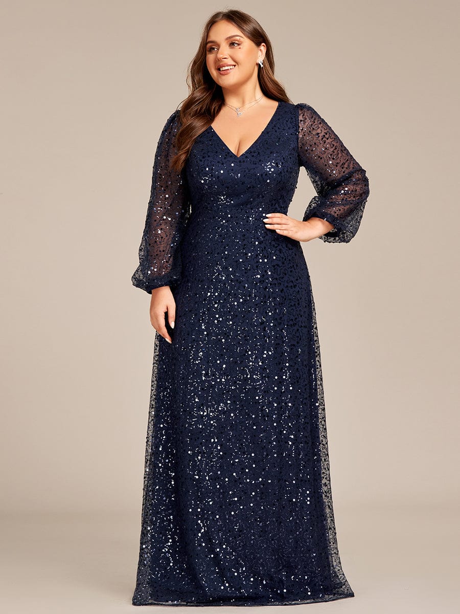 V-Neck Lantern Long Sleeve Sequin A-Line Evening Dress #color_Navy Blue