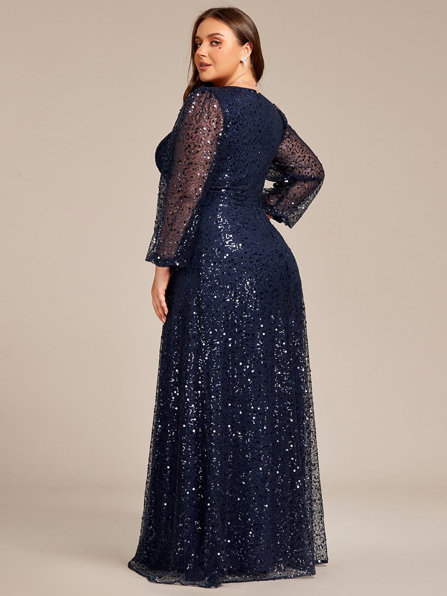 V-Neck Lantern Long Sleeve Sequin A-Line Evening Dress #color_Navy Blue