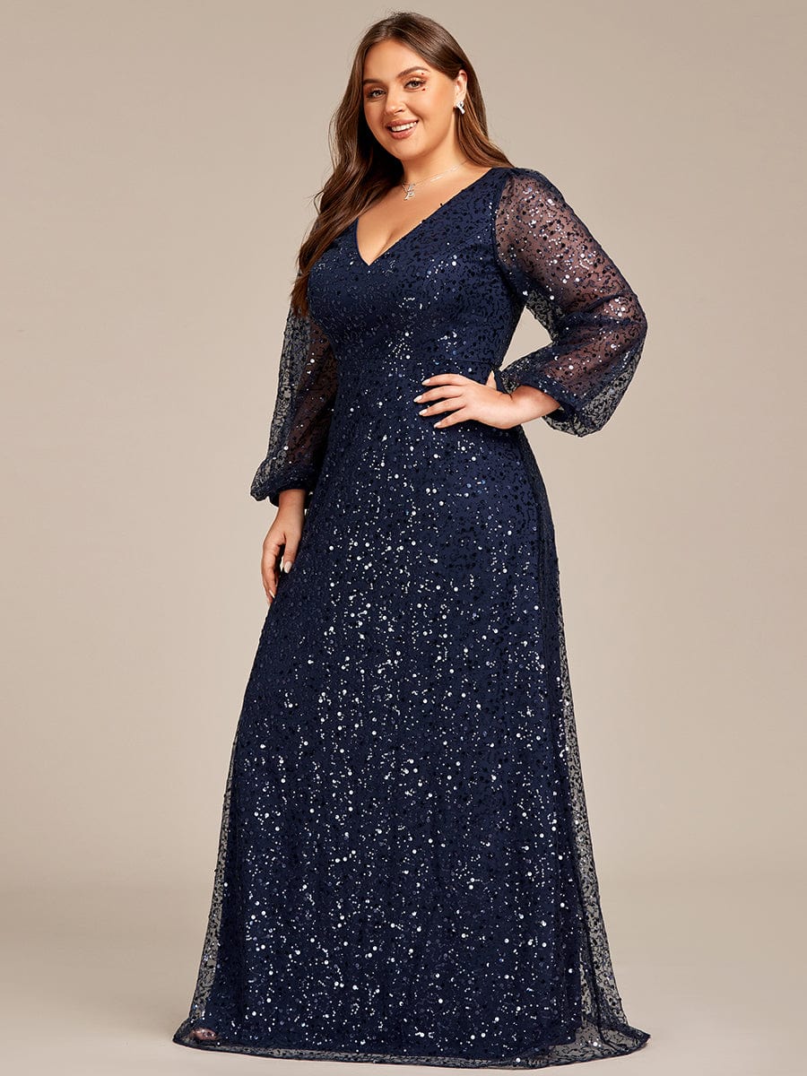 V-Neck Lantern Long Sleeve Sequin A-Line Evening Dress #color_Navy Blue