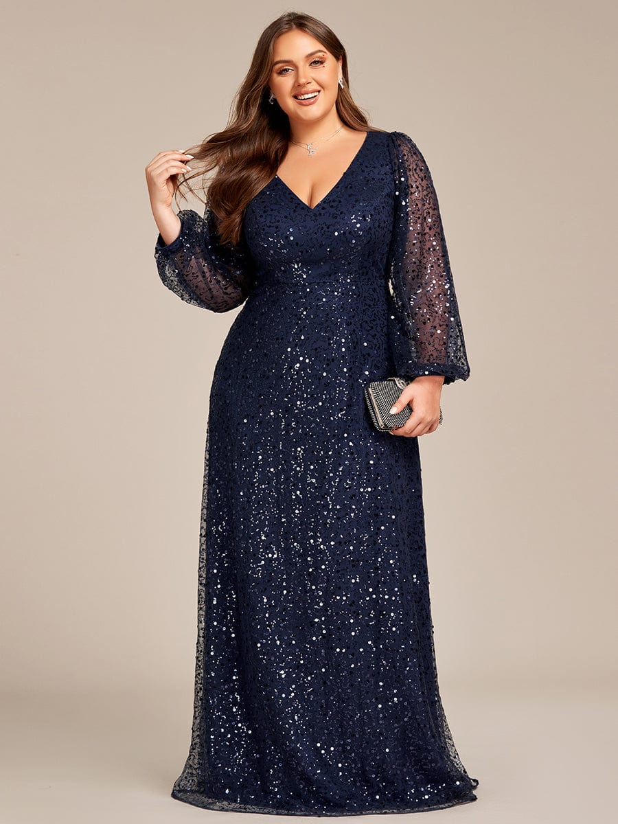 V-Neck Lantern Long Sleeve Sequin A-Line Evening Dress #color_Navy Blue