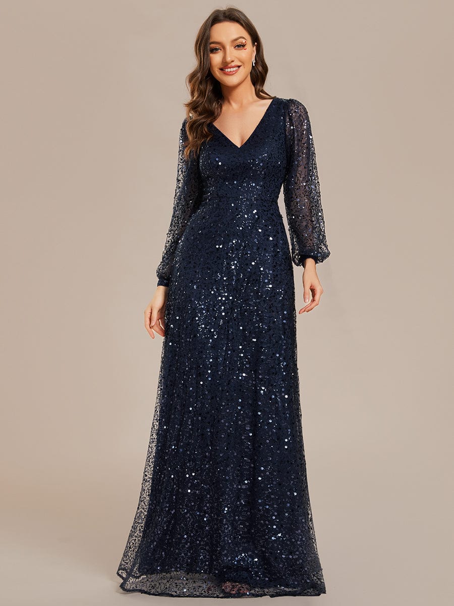 V-Neck Lantern Long Sleeve Sequin A-Line Evening Dress #color_Navy Blue