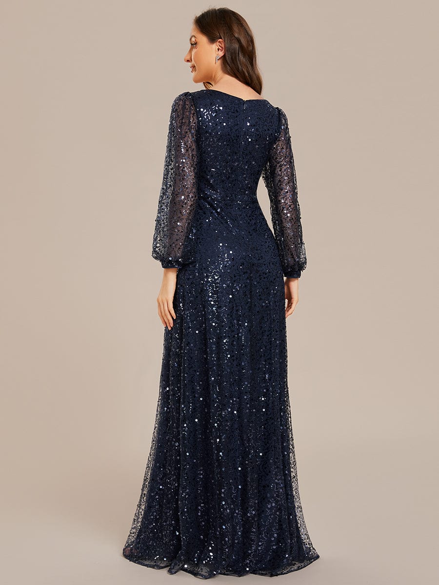 V-Neck Lantern Long Sleeve Sequin A-Line Evening Dress #color_Navy Blue