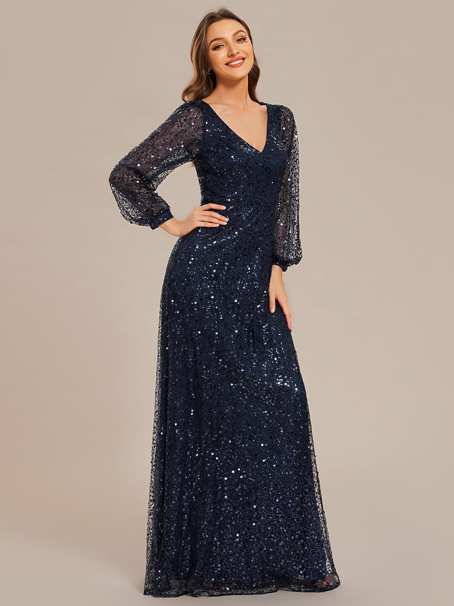 V-Neck Lantern Long Sleeve Sequin A-Line Evening Dress #color_Navy Blue