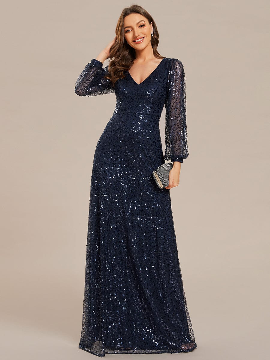 V-Neck Lantern Long Sleeve Sequin A-Line Evening Dress #color_Navy Blue