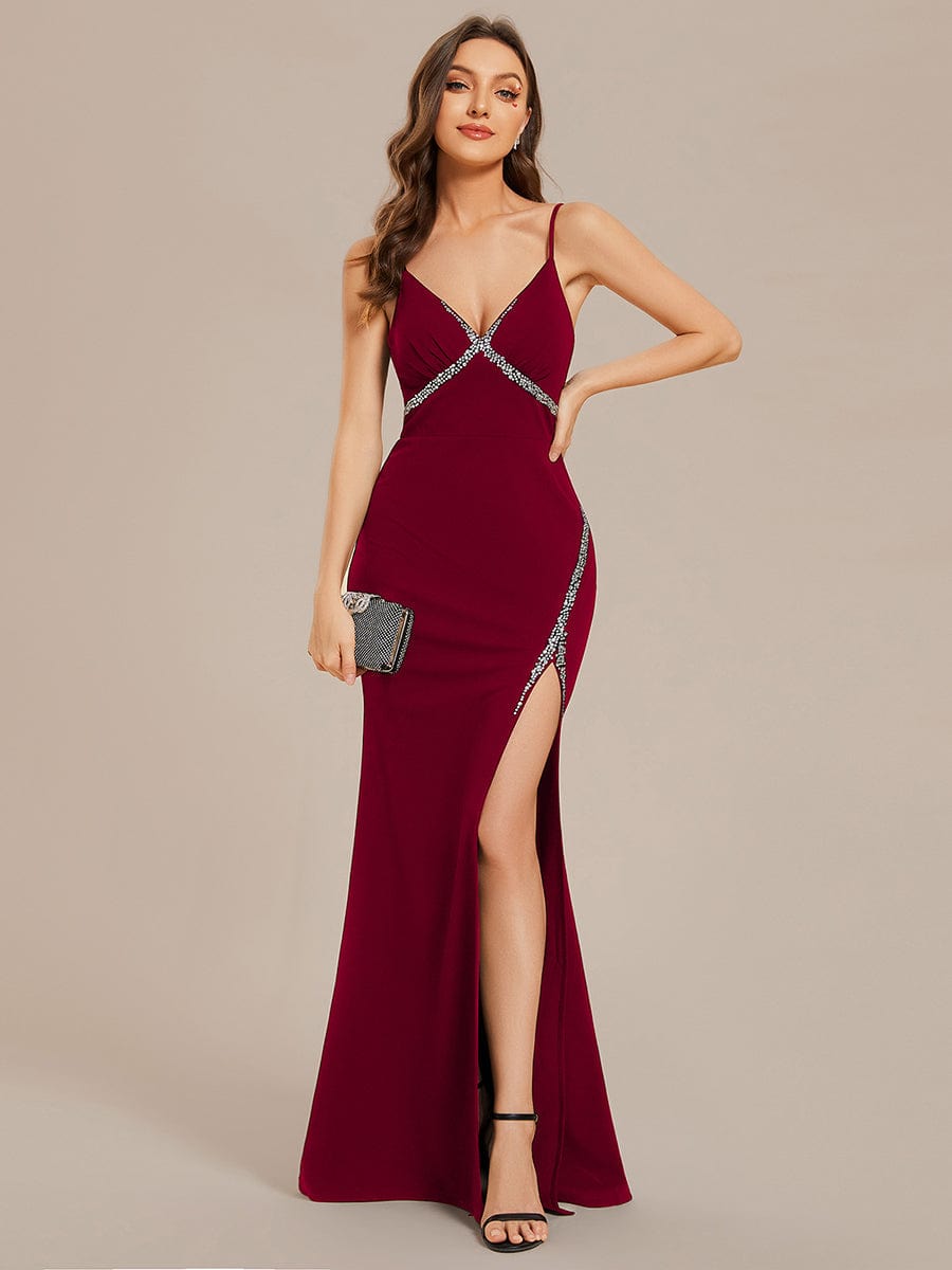 Simple Spaghetti Straps High Slit Bodycon Evening Dress #color_Burgundy