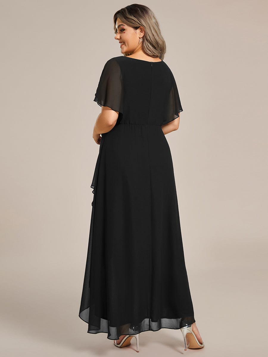 Waist Applique  A-Line Chiffon V-Neck Evening Dress #color_Black