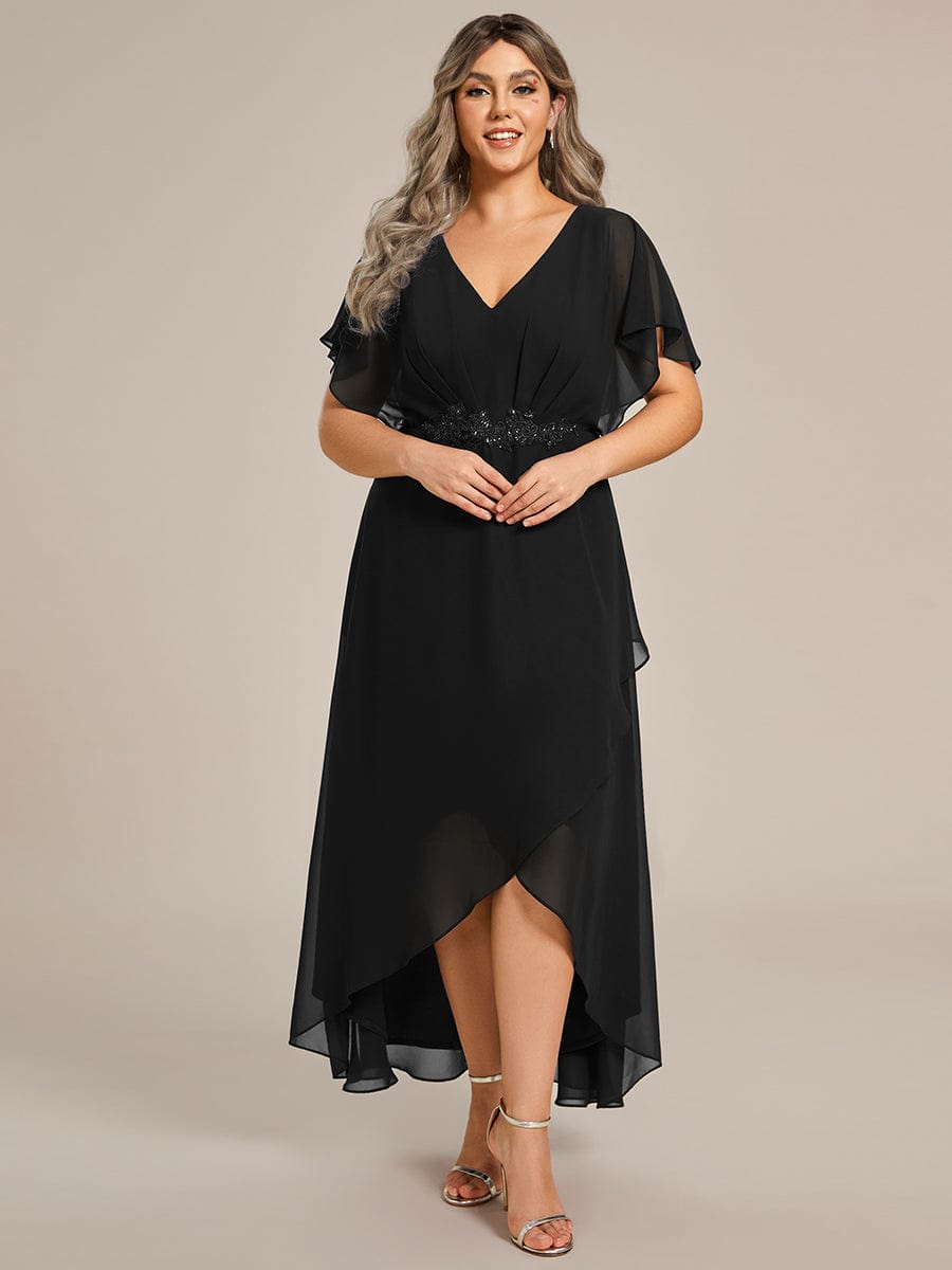 Plus Size Waist Applique A-Line Chiffon V-Neck Evening Dress #color_Black