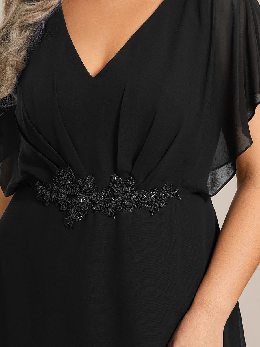 Plus Size Waist Applique A-Line Chiffon V-Neck Evening Dress #color_Black