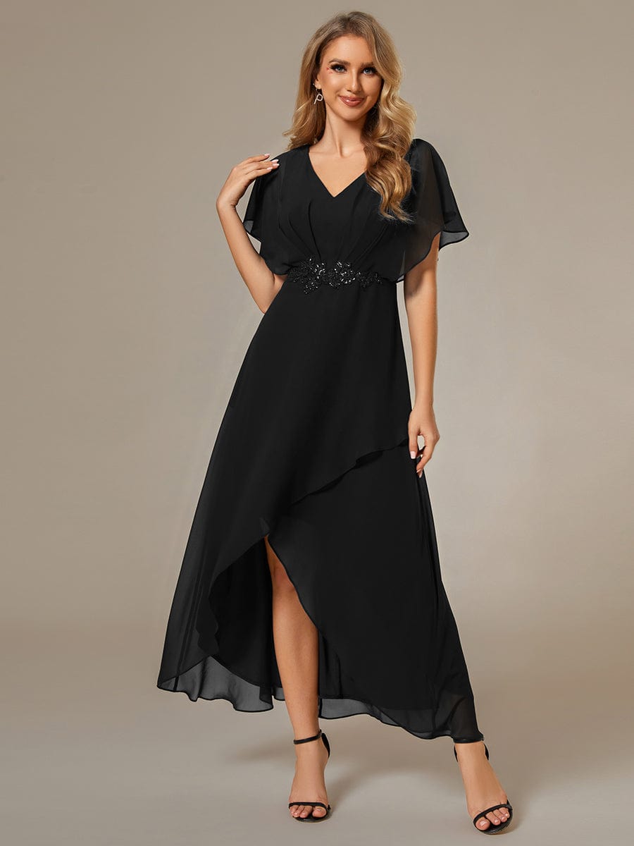 Waist Applique  A-Line Chiffon V-Neck Evening Dress #color_Black