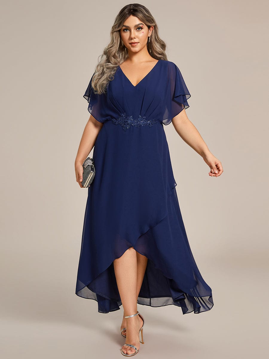 Waist Applique A-Line Chiffon V-Neck Evening Dress #color_Navy Blue