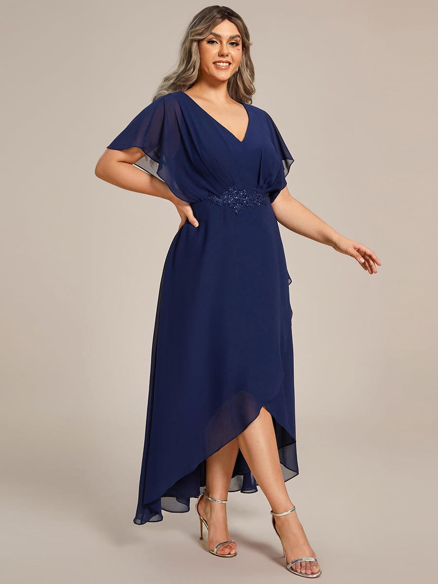 Plus Size Waist Applique A-Line Chiffon V-Neck Evening Dress #color_Navy Blue