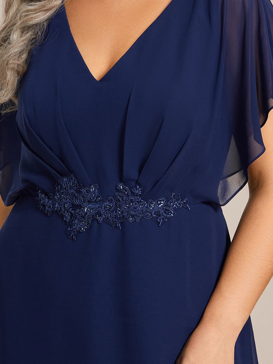 Waist Applique A-Line Chiffon V-Neck Evening Dress #color_Navy Blue