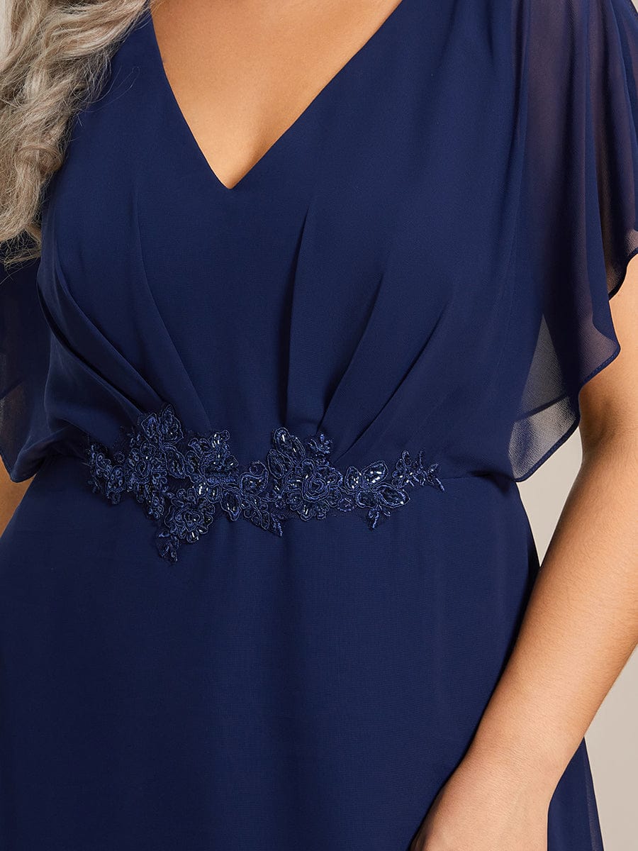 Plus Size Waist Applique A-Line Chiffon V-Neck Evening Dress #color_Navy Blue