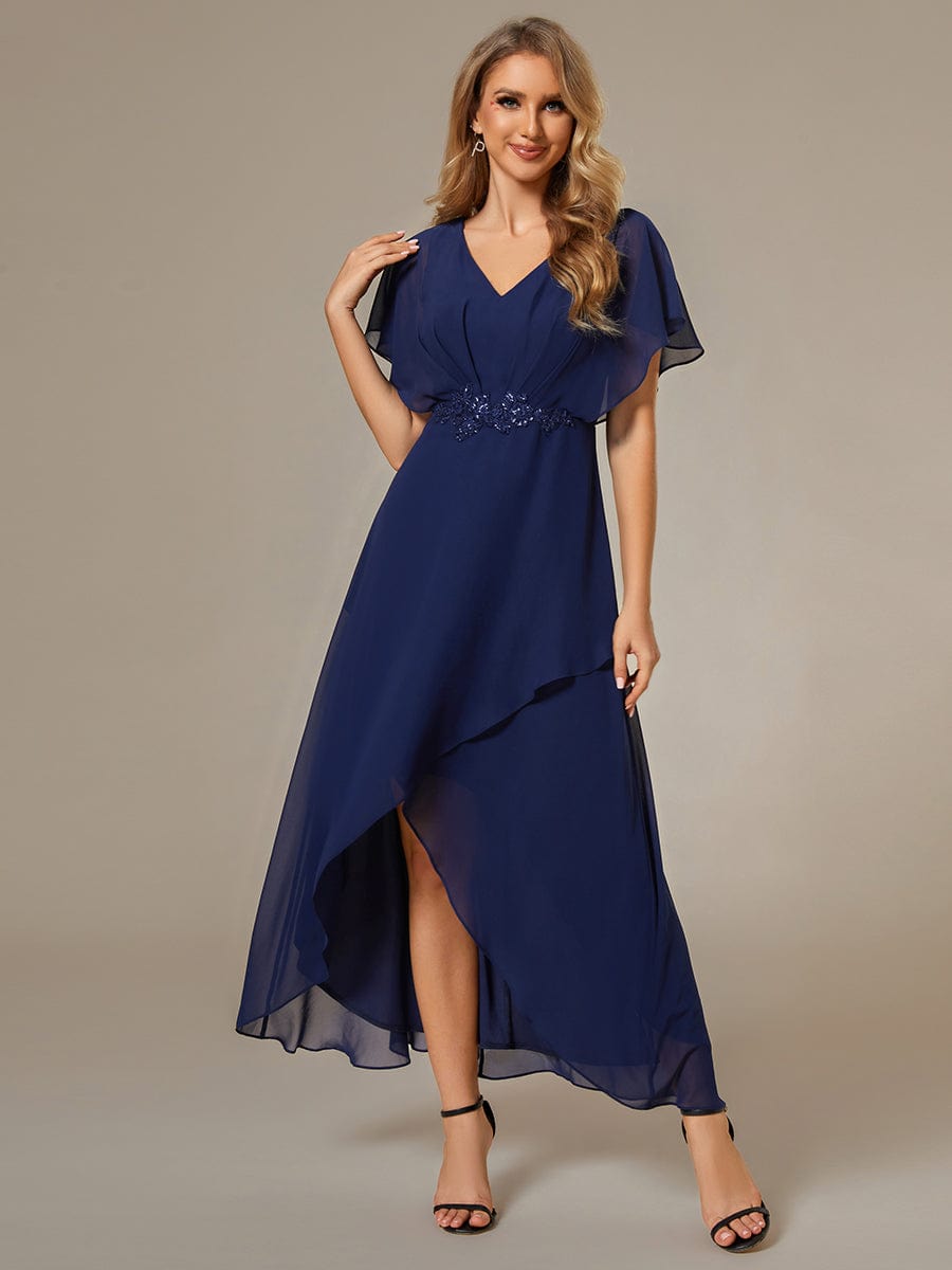 Waist Applique A-Line Chiffon V-Neck Evening Dress #color_Navy Blue