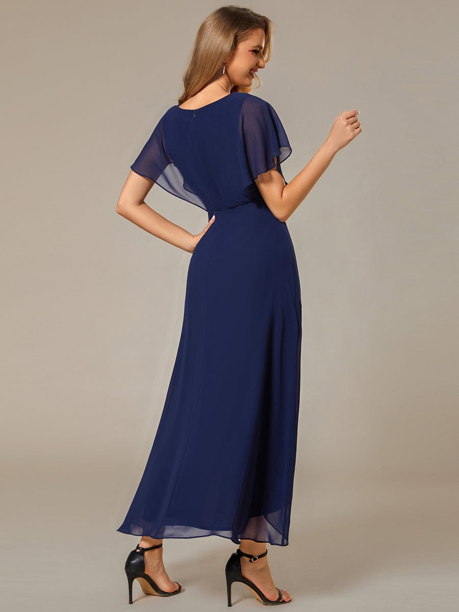 Waist Applique A-Line Chiffon V-Neck Evening Dress #color_Navy Blue