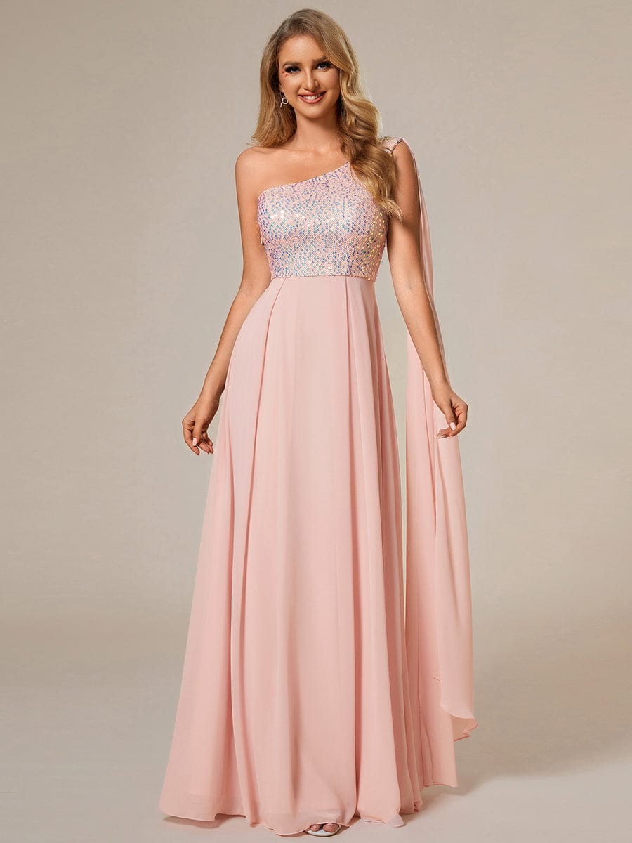 Sleeveless Chiffon A-Line Shinny Sequin Bodice One Shoulder Evening Dress #color_Pink