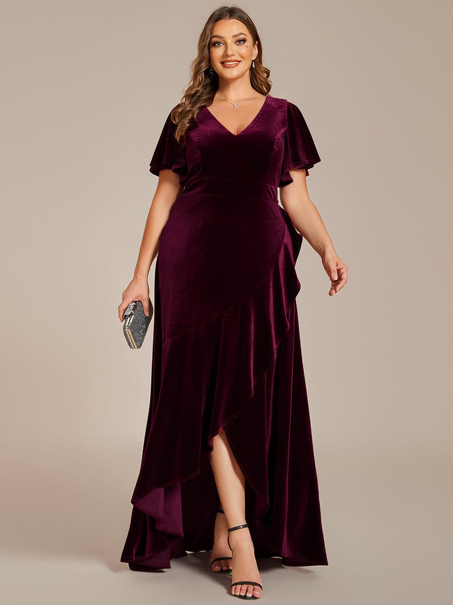 Plus Size High-Low A-Line Velvet Evening Dress #color_Burgundy