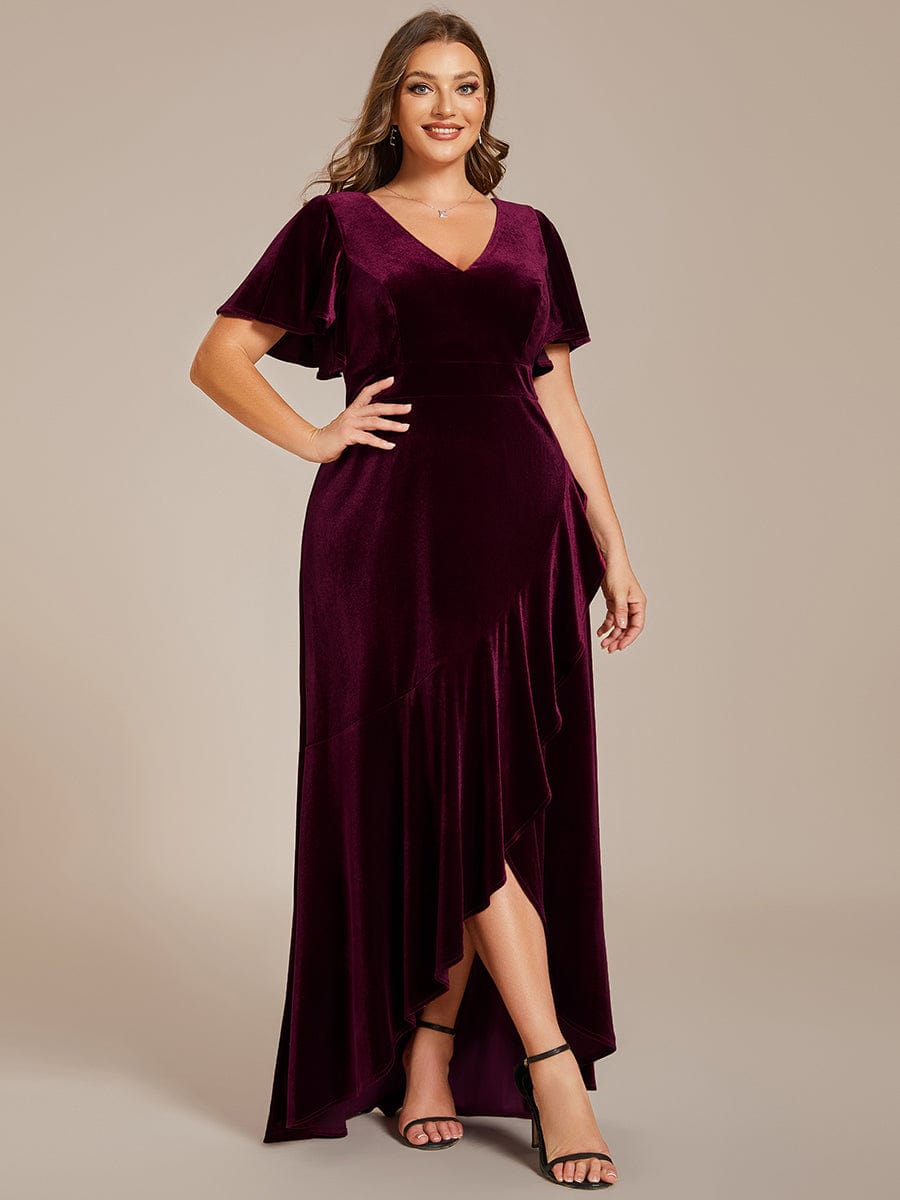 Plus Size High-Low A-Line Velvet Evening Dress #color_Burgundy