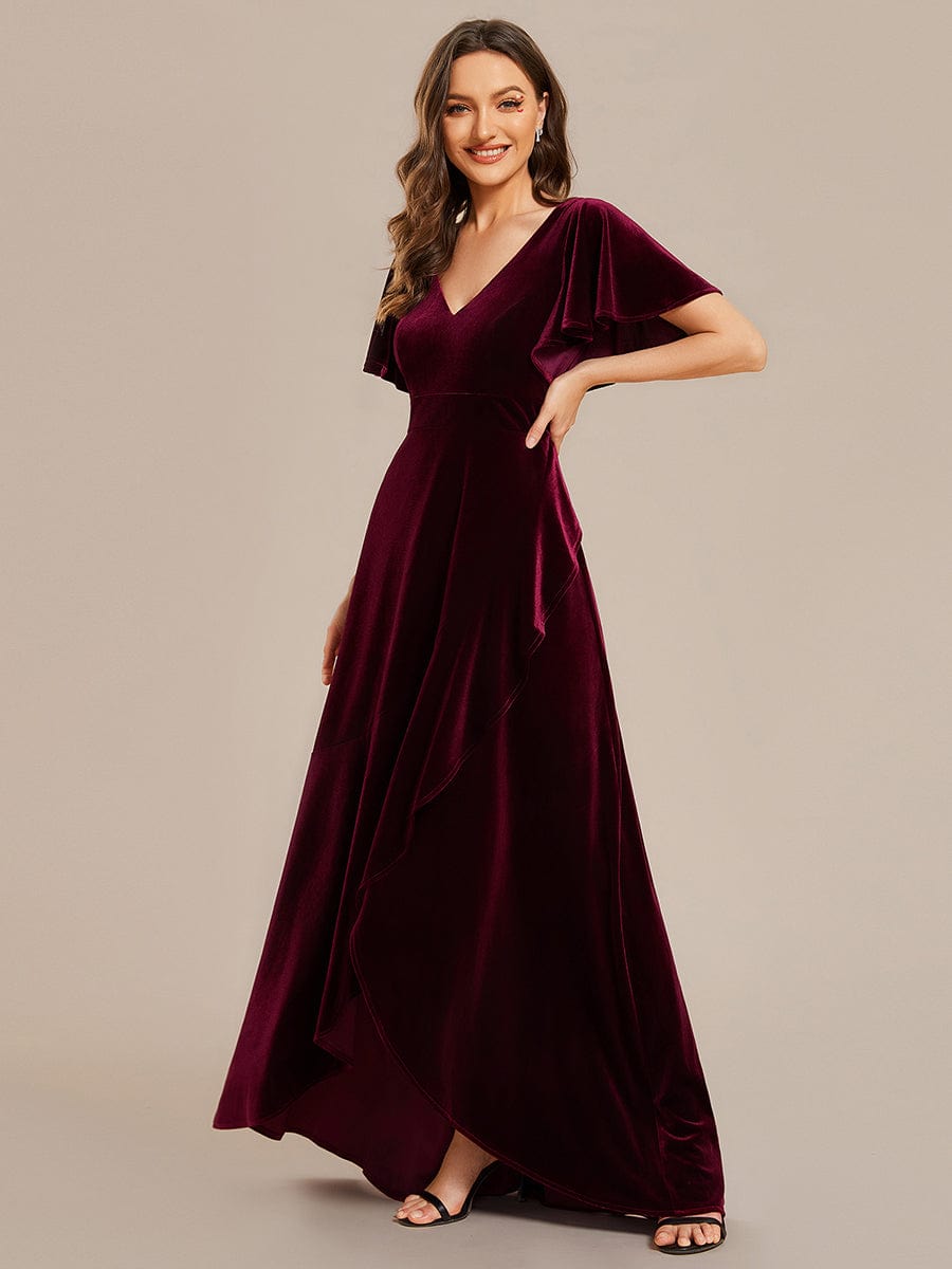 Elegant Double V-Neck Short Sleeves Velvet Evening Dress #color_Burgundy