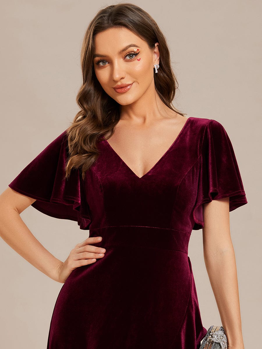 Elegant Double V-Neck Short Sleeves Velvet Evening Dress #color_Burgundy