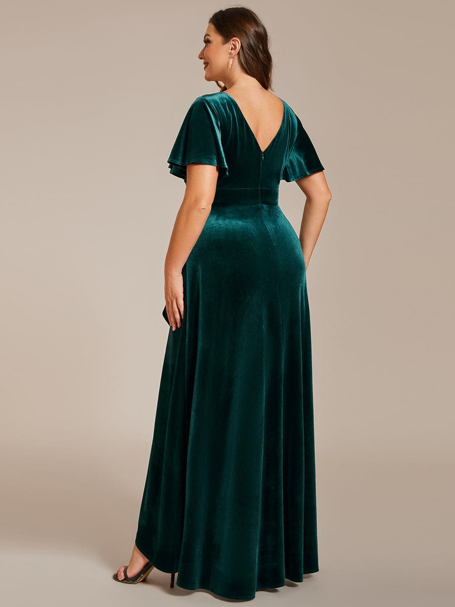 Elegant Double V-Neck Short Sleeves Velvet Evening Dress #color_Dark Green