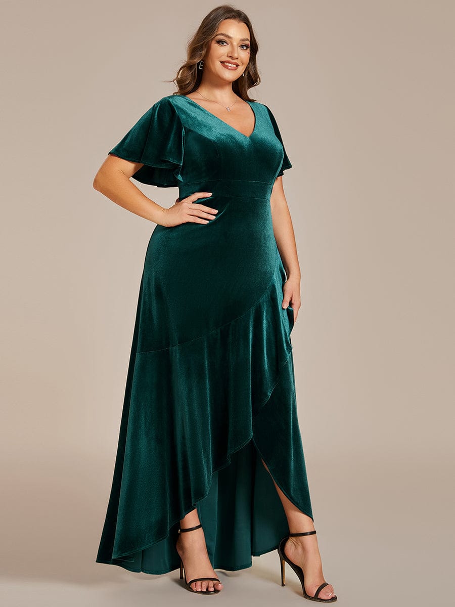 Plus Size High-Low A-Line Velvet Evening Dress #color_Dark Green