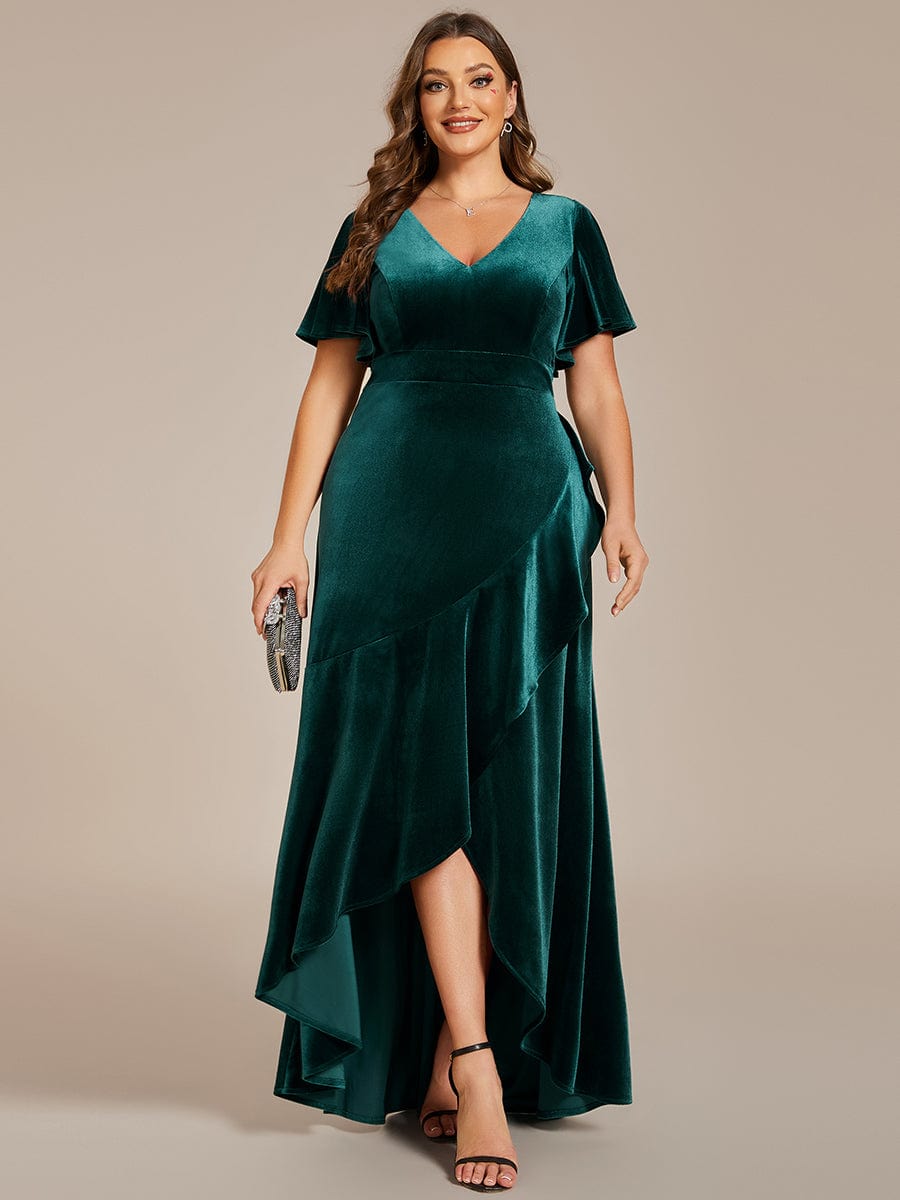 Elegant Double V-Neck Short Sleeves Velvet Evening Dress #color_Dark Green