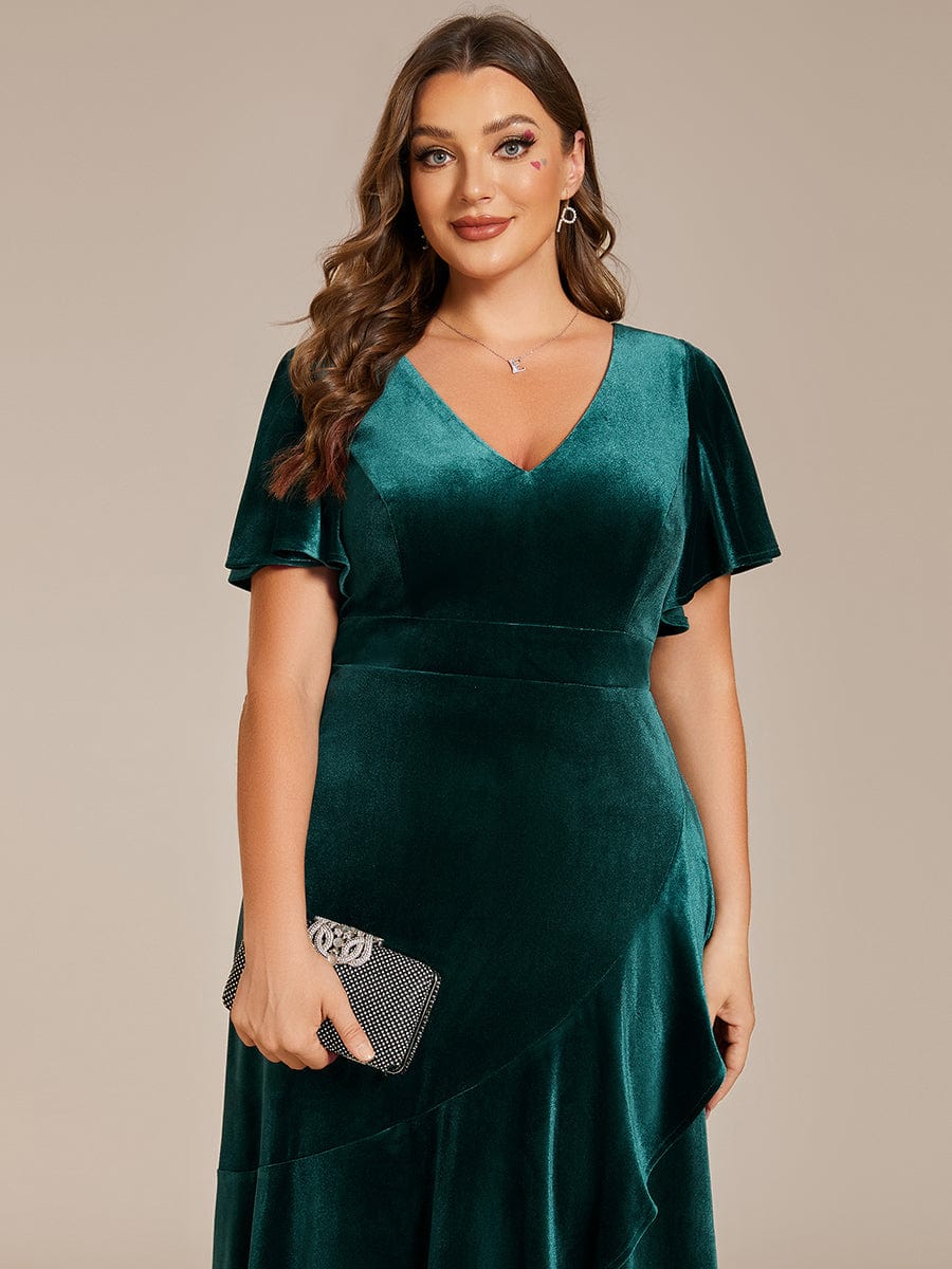 Elegant Double V-Neck Short Sleeves Velvet Evening Dress #color_Dark Green