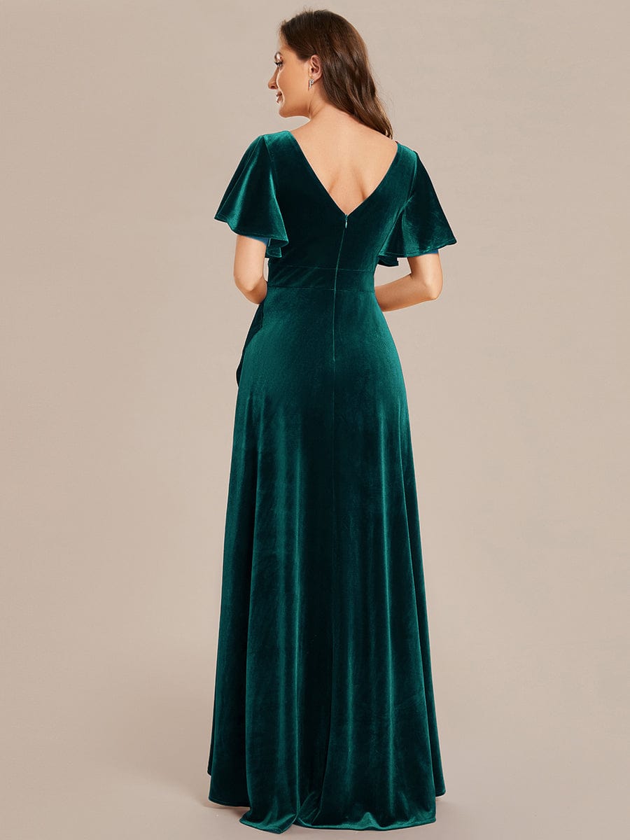 Elegant Double V-Neck Short Sleeves Velvet Evening Dress #color_Dark Green