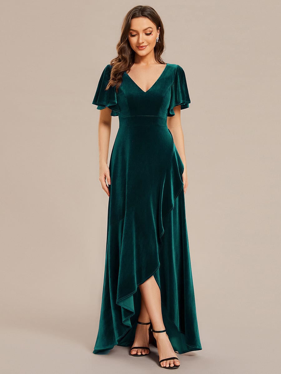 Elegant Double V-Neck Short Sleeves Velvet Evening Dress #color_Dark Green