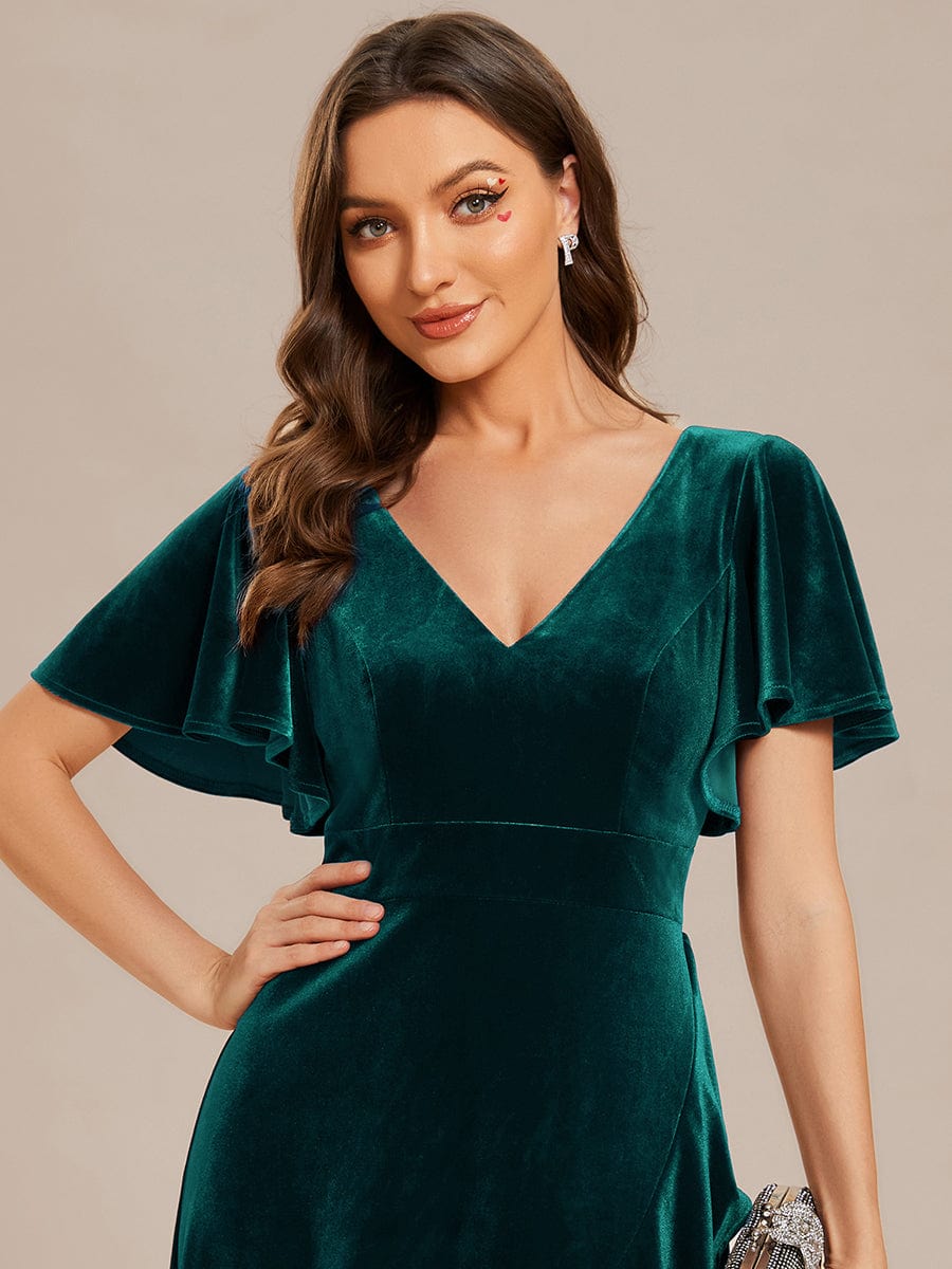 Elegant Double V-Neck Short Sleeves Velvet Evening Dress #color_Dark Green