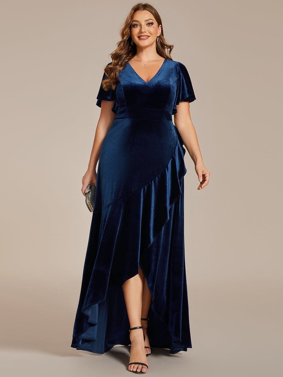 Plus Size High-Low A-Line Velvet Evening Dress #color_Navy Blue