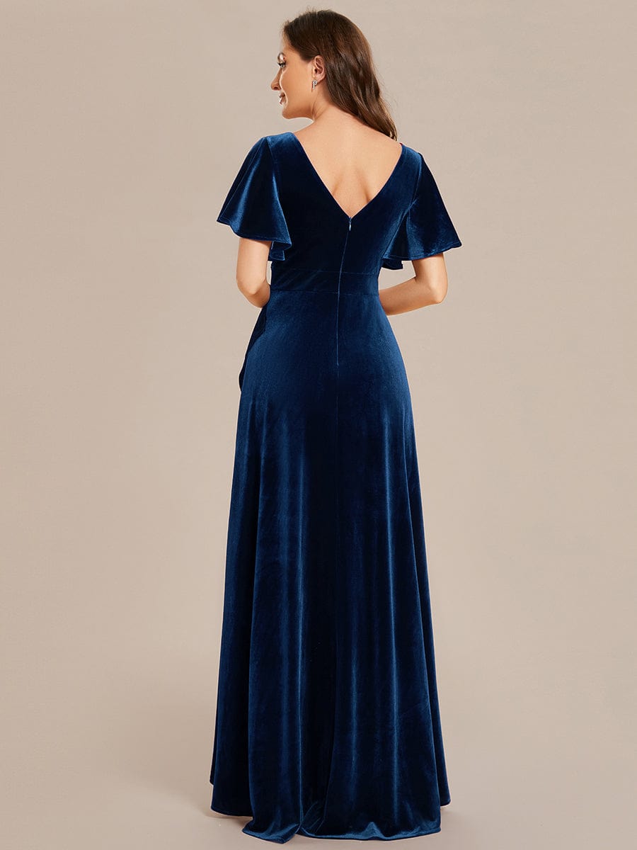 Elegant Double V-Neck Short Sleeves Velvet Evening Dress #color_Navy Blue