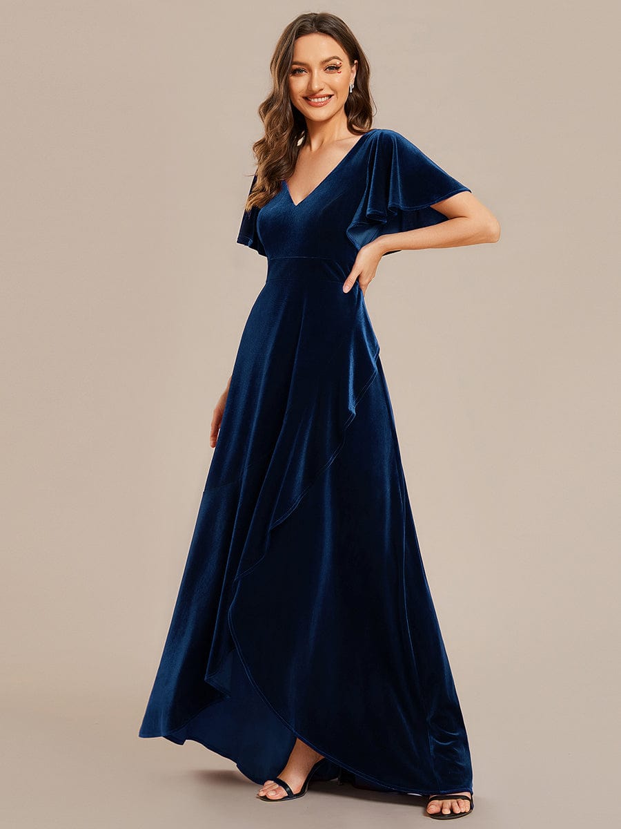 Elegant Double V-Neck Short Sleeves Velvet Evening Dress #color_Navy Blue