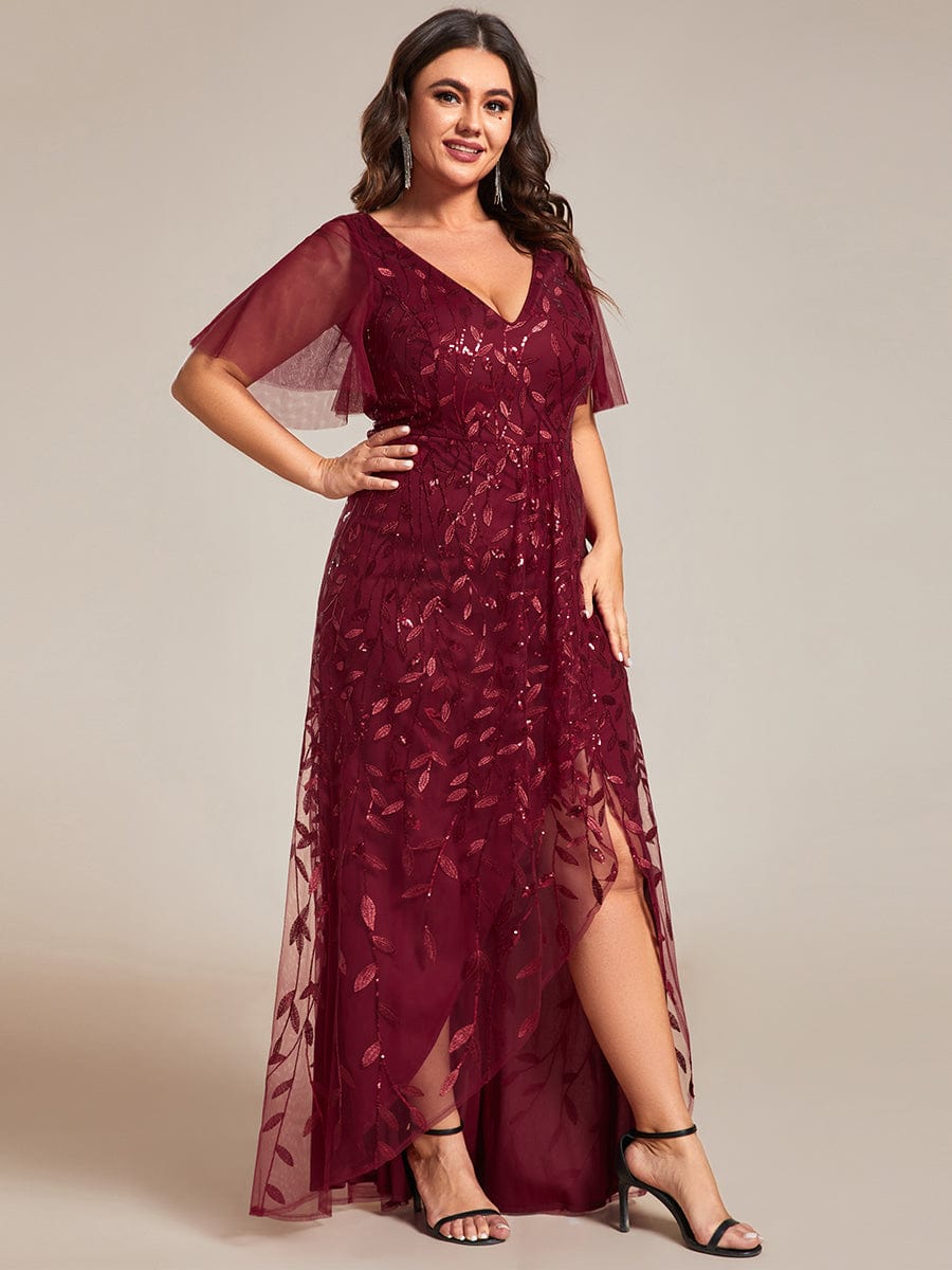 Plus Size V-Neck Sequined Evening Dresses with High Slit #color_Burgundy