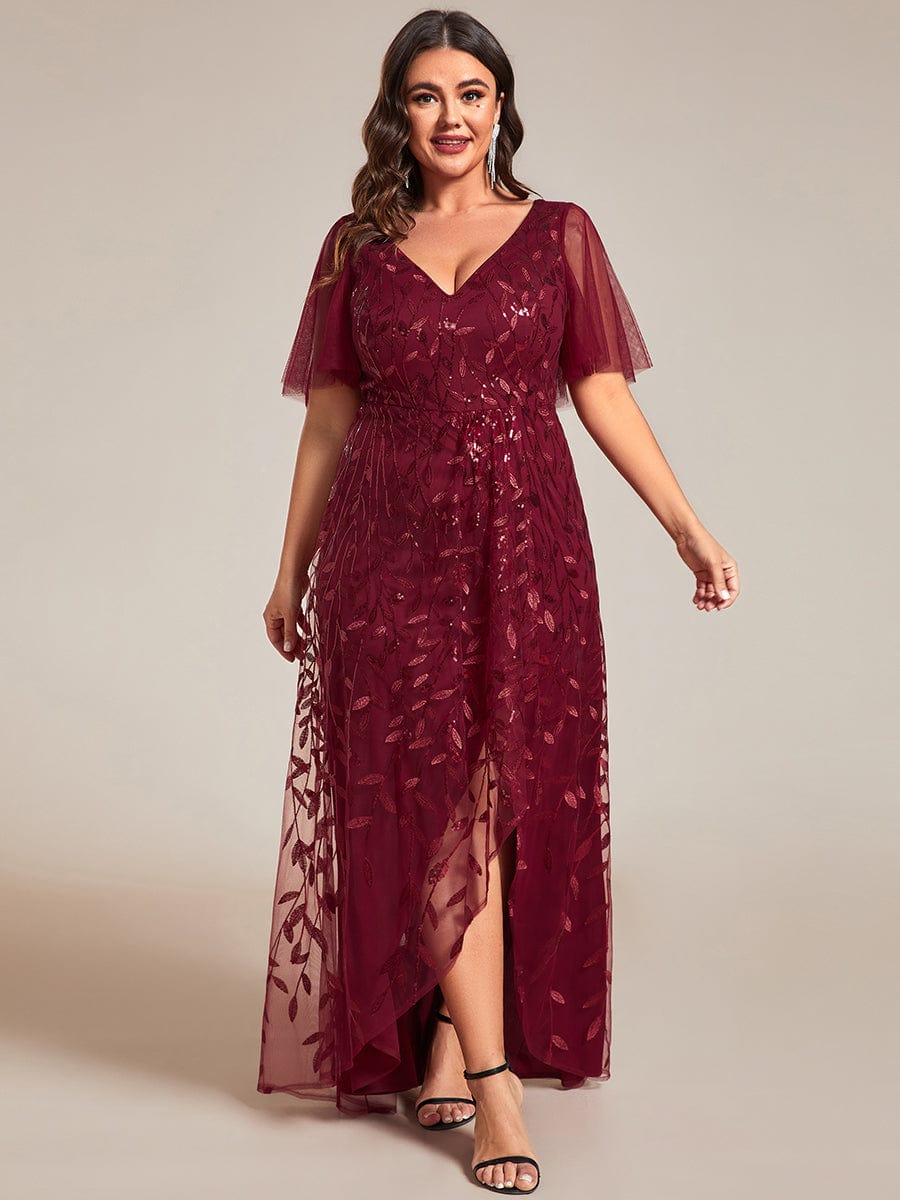 Plus Size V-Neck Sequined Evening Dresses with High Slit #color_Burgundy