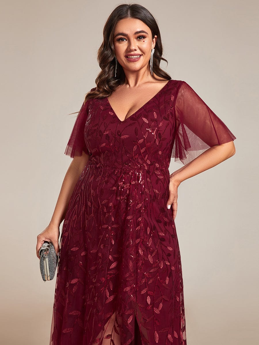 Plus Size V-Neck Sequined Evening Dresses with High Slit #color_Burgundy