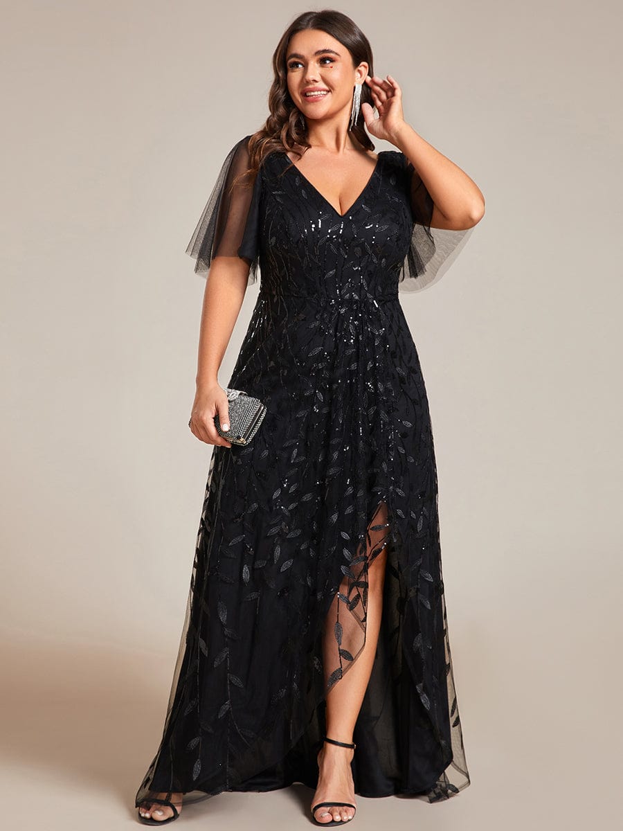 Plus Size V-Neck Sequined Evening Dresses with High Slit #color_Black