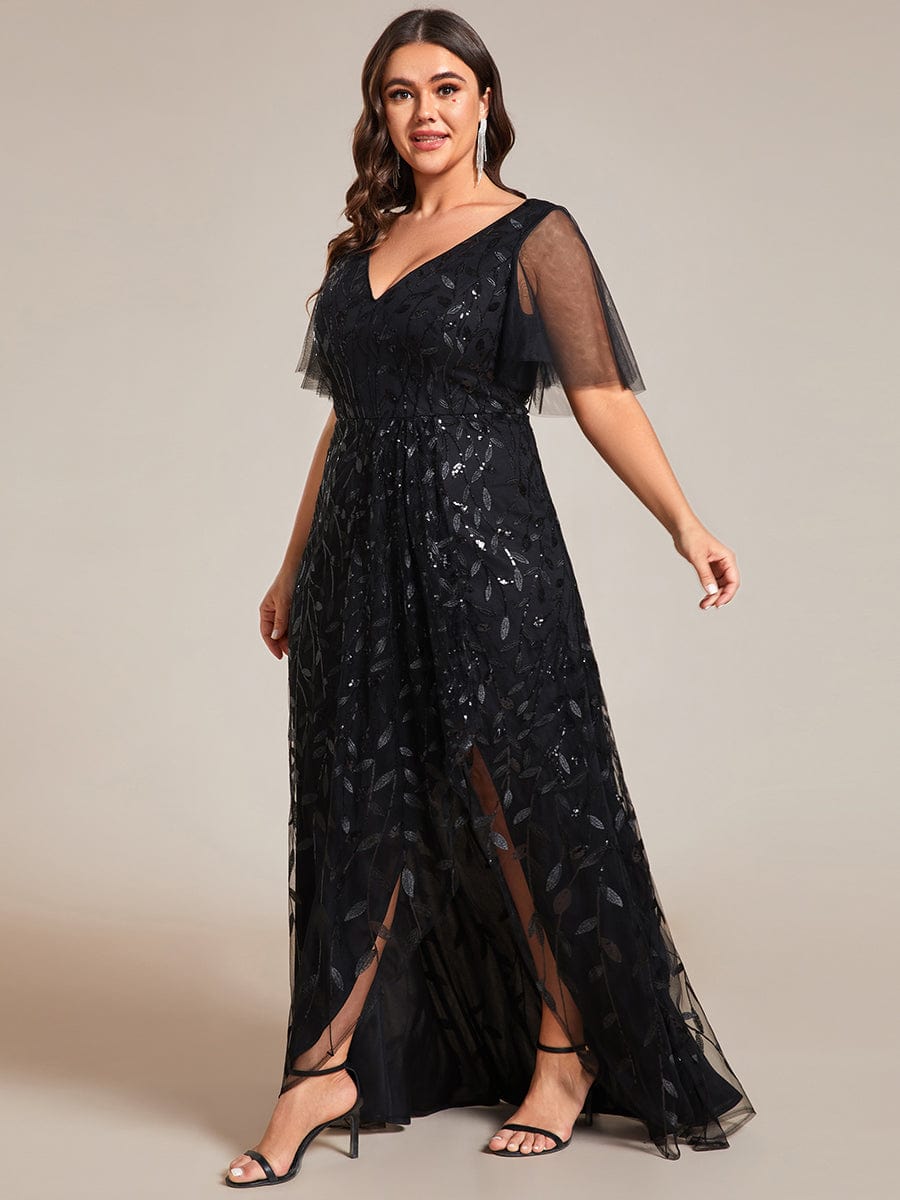 Plus Size V-Neck Sequined Evening Dresses with High Slit #color_Black