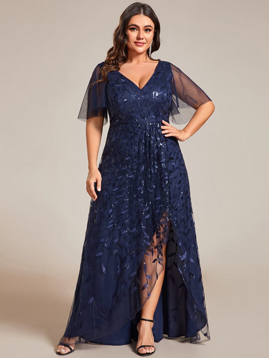 Plus Size V-Neck Sequined Evening Dresses with High Slit #color_Navy Blue