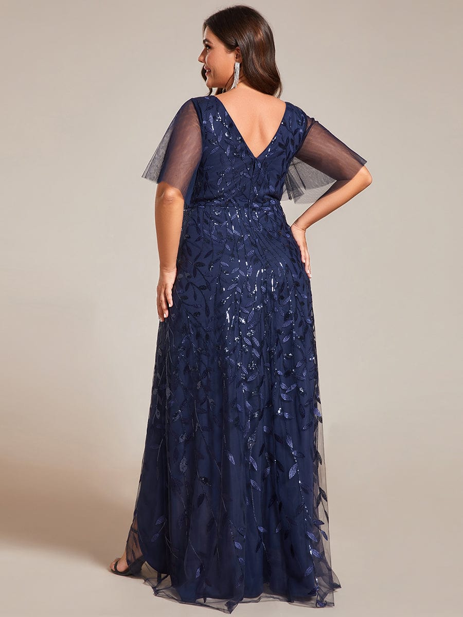 Plus Size V-Neck Sequined Evening Dresses with High Slit #color_Navy Blue