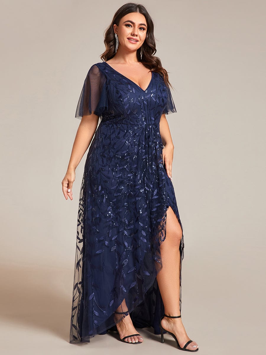 Plus Size V-Neck Sequined Evening Dresses with High Slit #color_Navy Blue