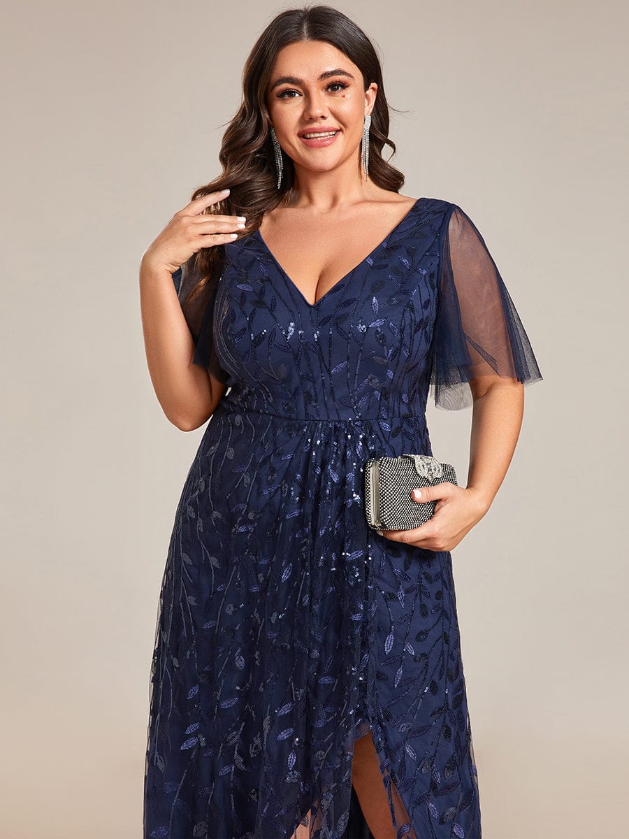 Plus Size V-Neck Sequined Evening Dresses with High Slit #color_Navy Blue