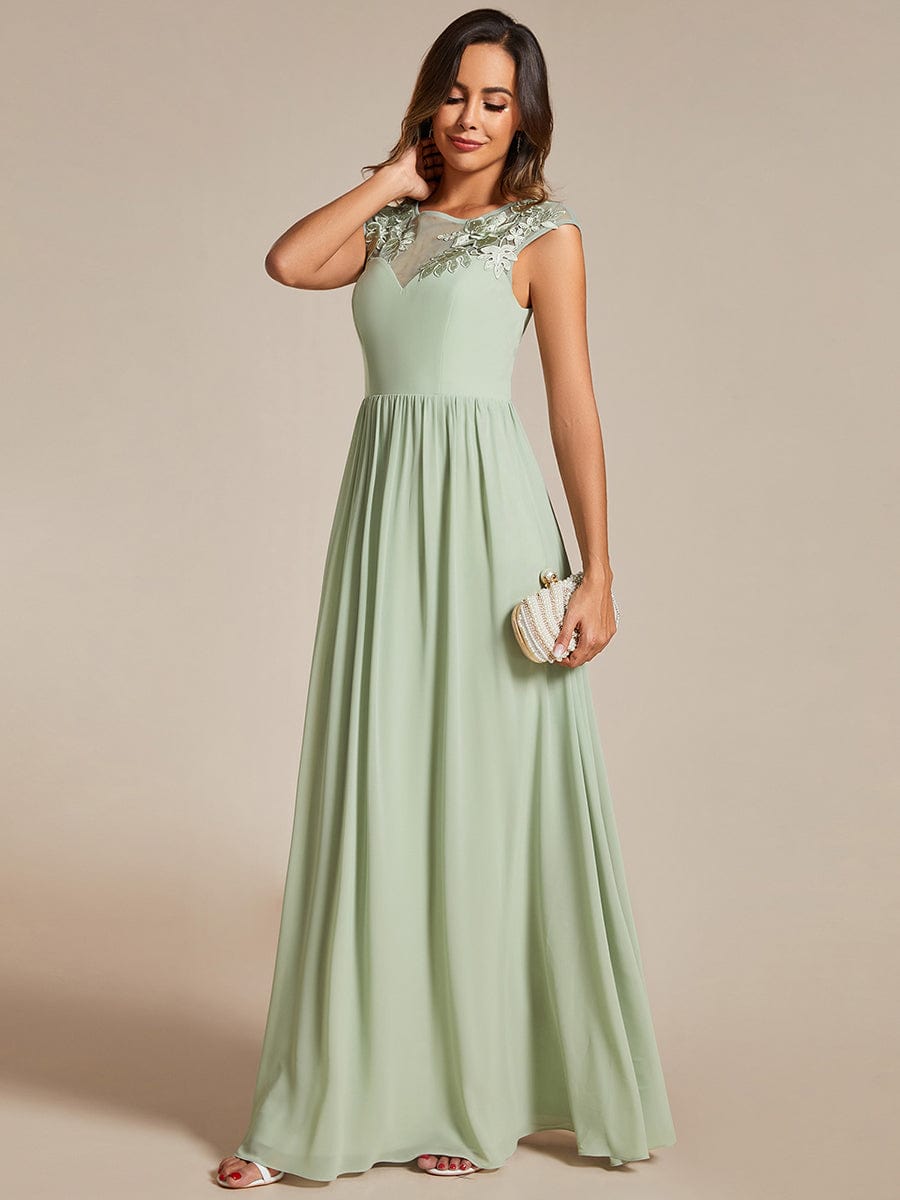 A-Line Cap Sleeves Round Neck Chiffon Evening Dress with Shoulder Print #color_Mint Green