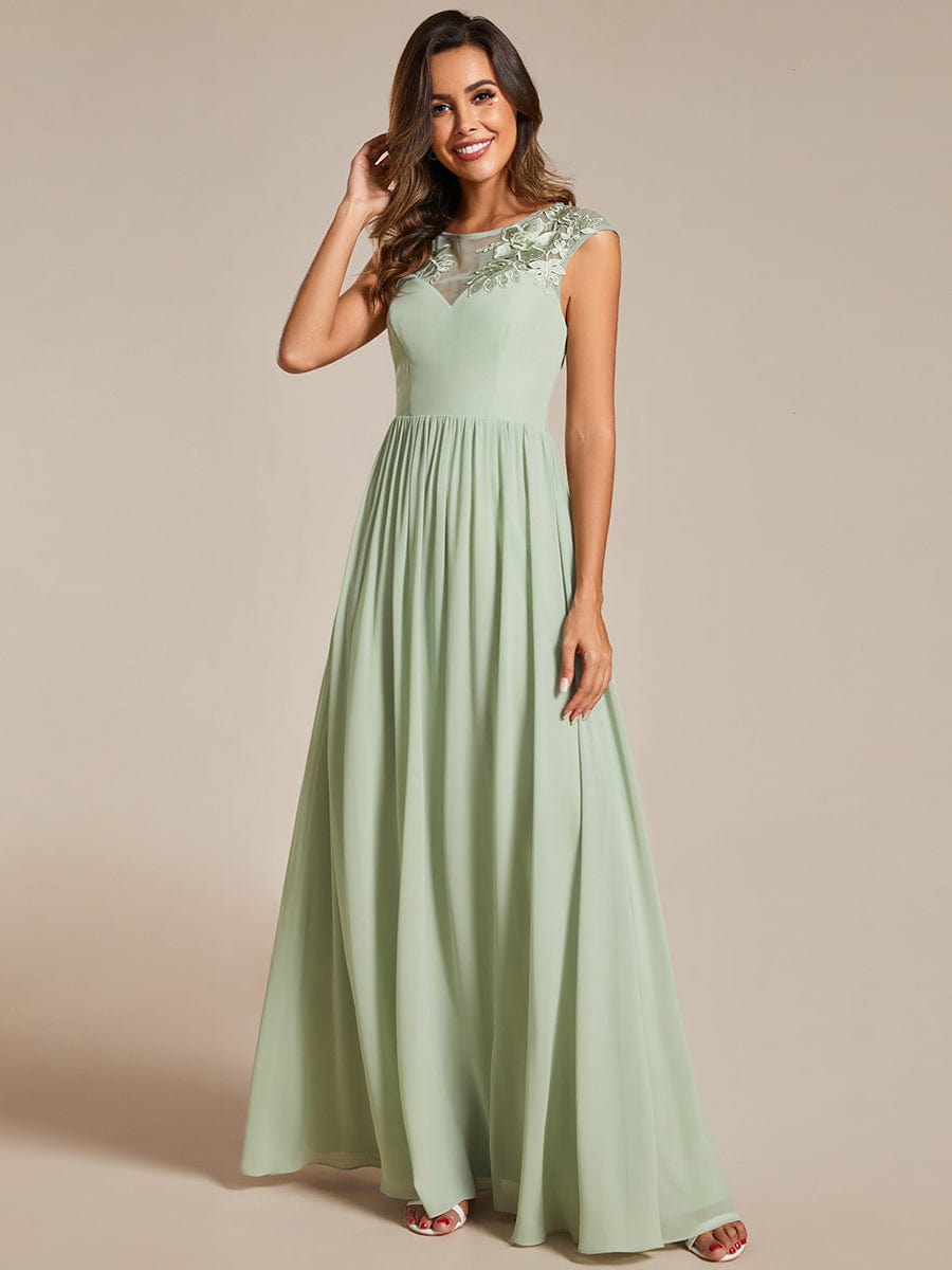 A-Line Cap Sleeves Round Neck Chiffon Evening Dress with Shoulder Print #color_Mint Green