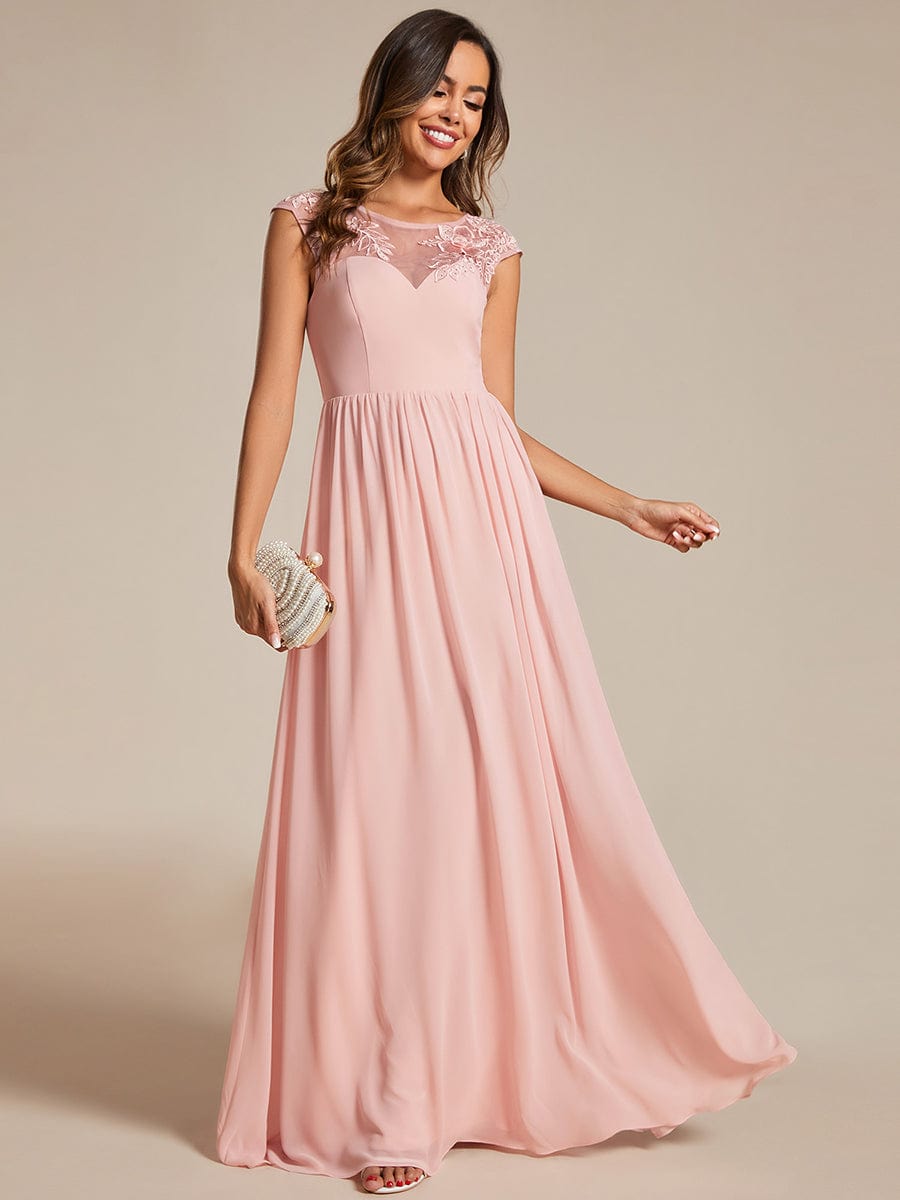 A-Line Cap Sleeves Round Neck Chiffon Evening Dress with Shoulder Print #color_Pink