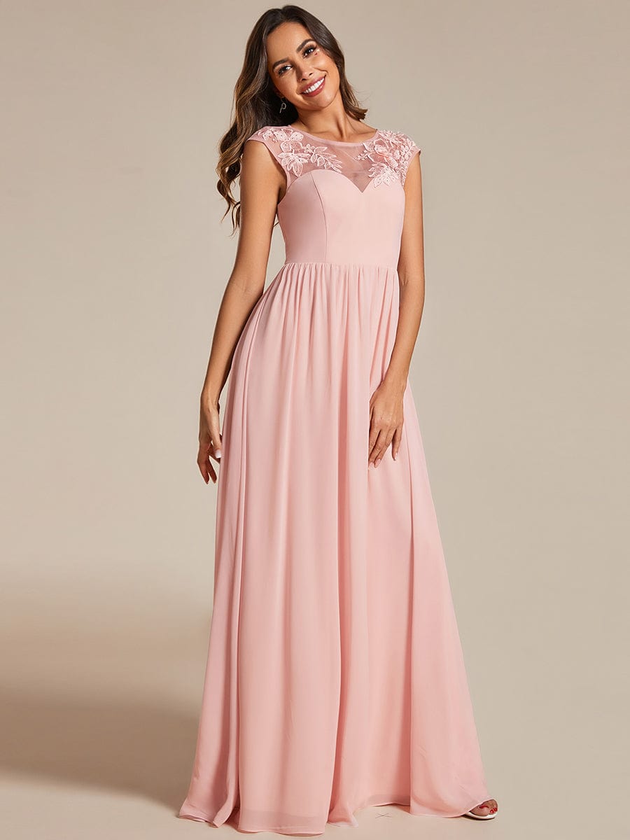 A-Line Cap Sleeves Round Neck Chiffon Evening Dress with Shoulder Print #color_Pink