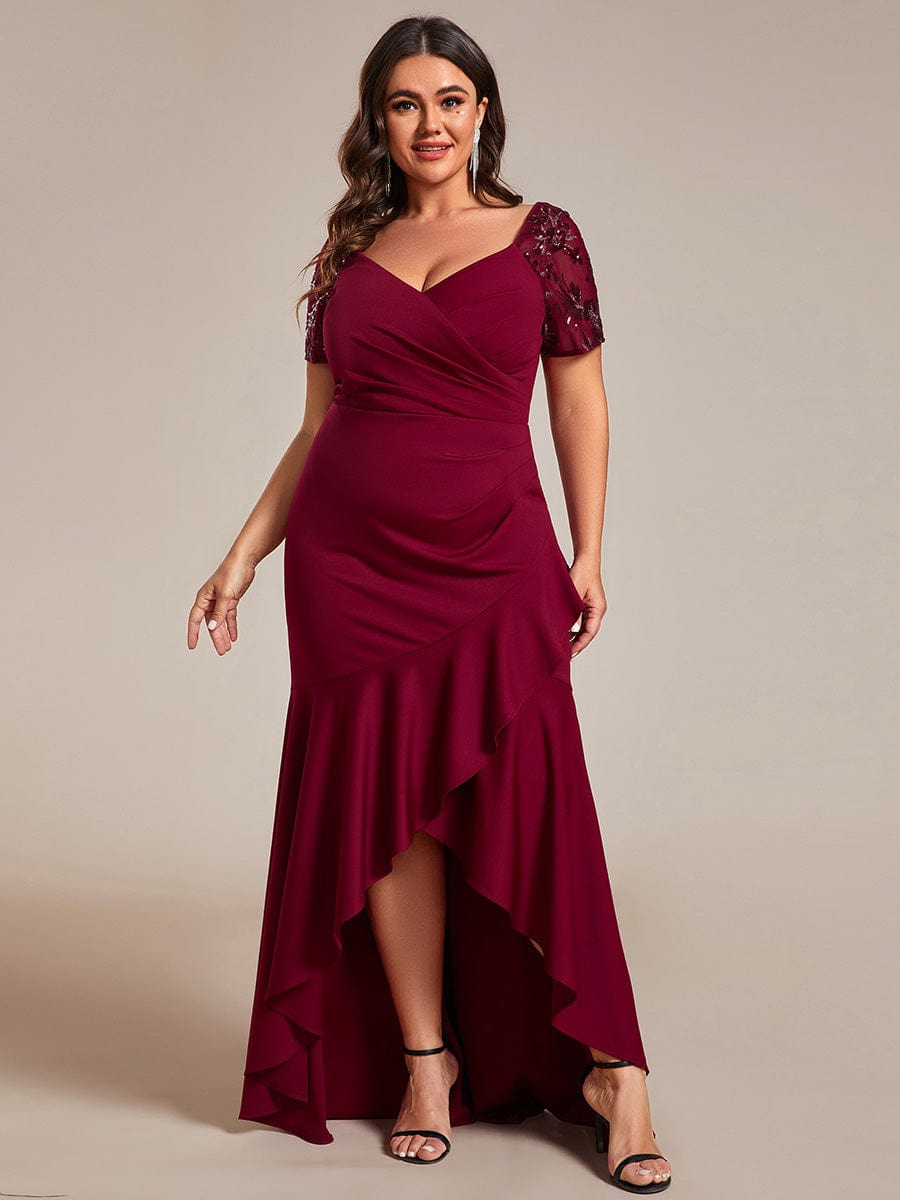 Plus Size Short-Sleeved V-Neck Bodycon Fishtail Evening Dresses showcasing High-Low #color_Burgundy