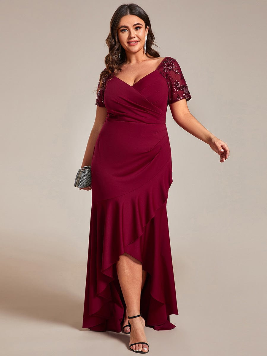 Plus Size Short-Sleeved V-Neck Bodycon Fishtail Evening Dresses showcasing High-Low #color_Burgundy